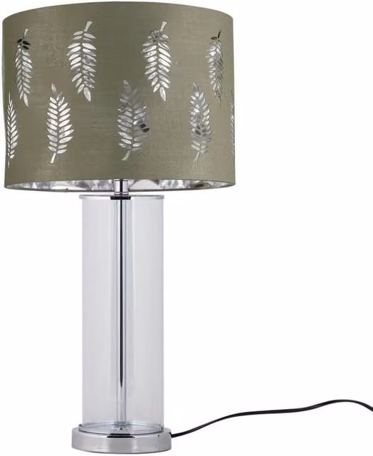 First Choice Lighting Aura Chrome Table Lamp with Sage Green Fern and Silver Inner Shade, H 54.5 cm x W 30 cm x D 30 cm