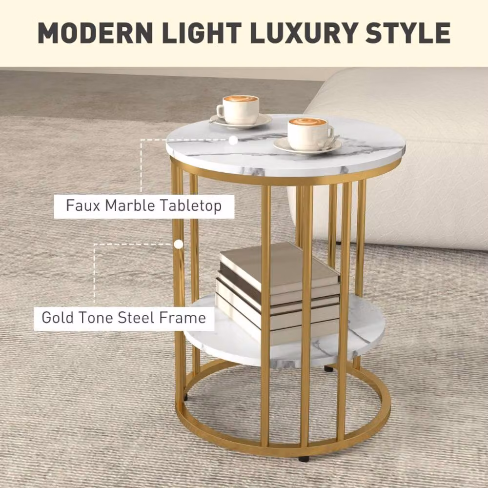 STILVORA 2 Piece Round Coffee Table Set with Marble Tops and Gold Steel Frame – 2