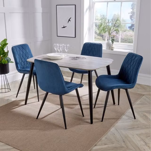 Core Products Ltd Aspen Oak Effect Rectangular Dining Table and 4 Blue Diamond Stitch Fabric Chair Set, W: 120 cm, D: 80 cm, H: 75 cm