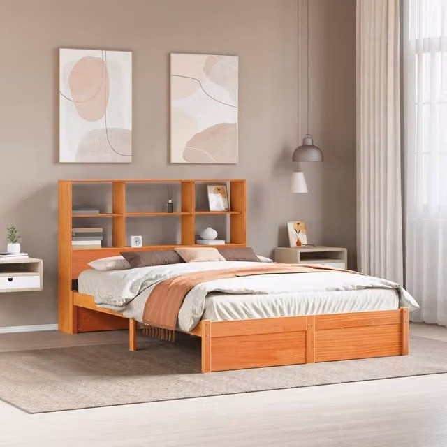 Berkfield Home Solid Wood Bed Frame with Storage Headboard and Side Compartments, Wax Brown, W/D/H: 150 x 200 cm – 1
