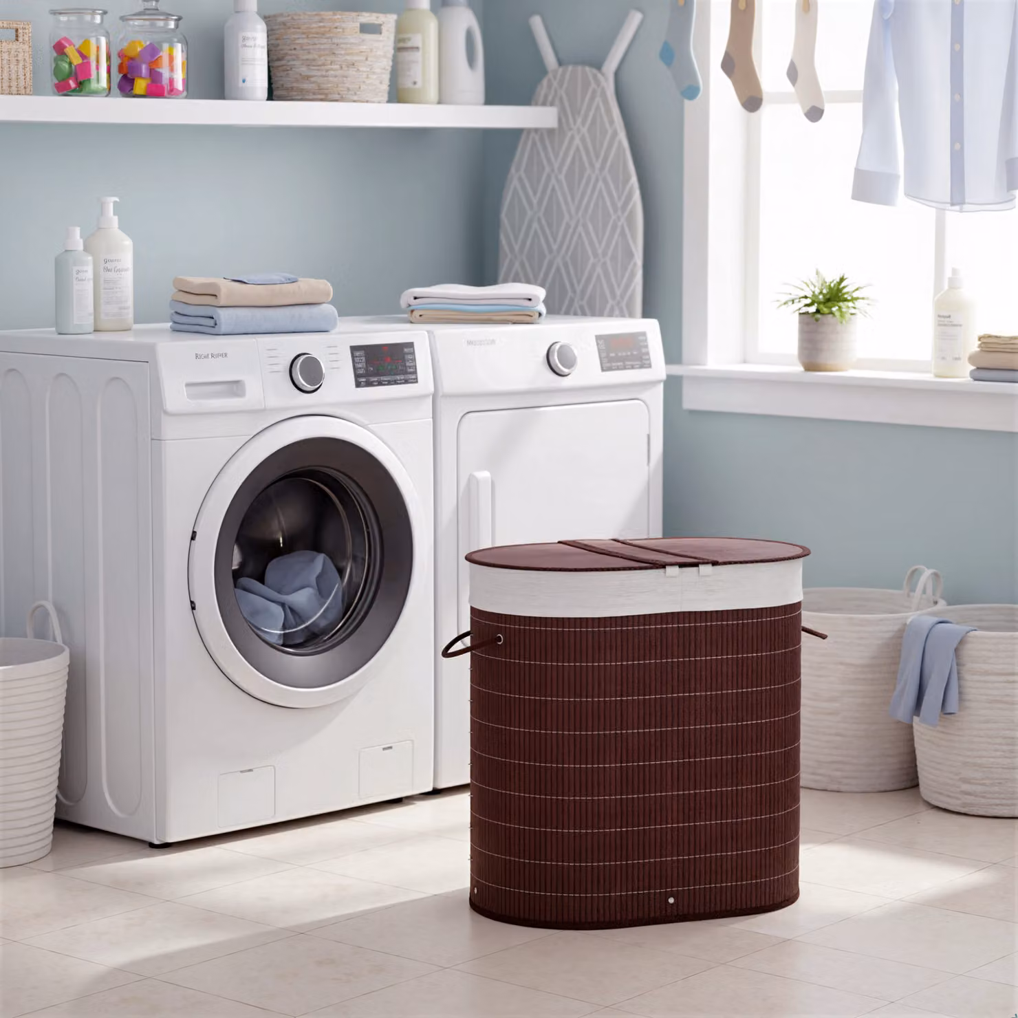 HOMCOM 100L Bamboo Laundry Basket with Lid and 2 Compartments in Brown – 5