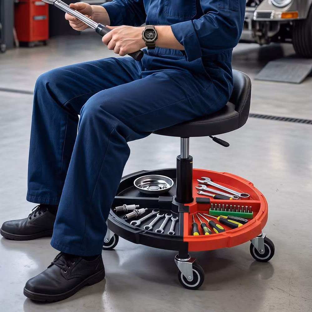 Gymax 360 Degree Rolling Mechanic Stool with Tool Storage Tray in Red – 4