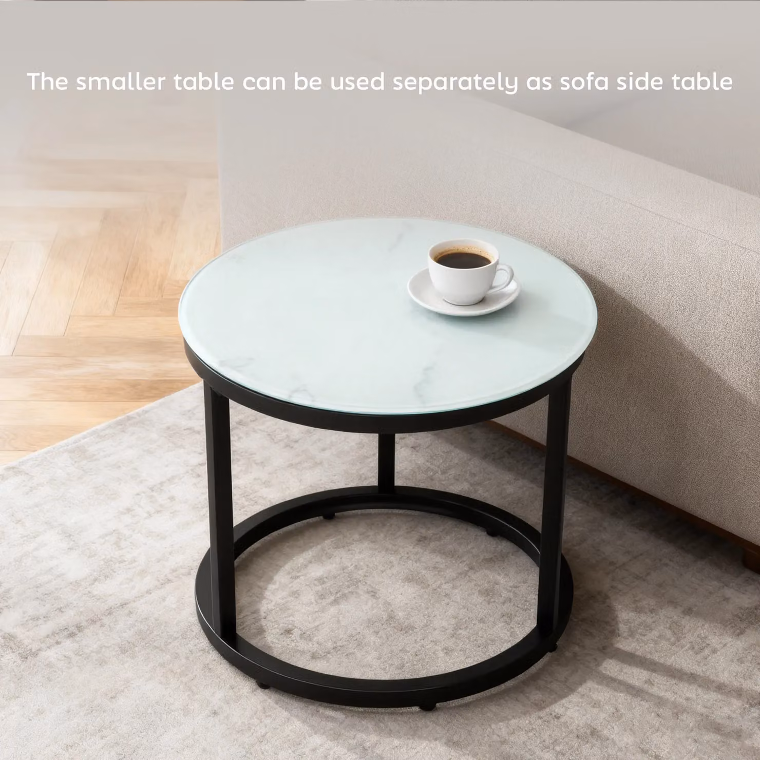 HOMCOM Set of 2 Round White Glass Nest of Tables with Sled Base – 5