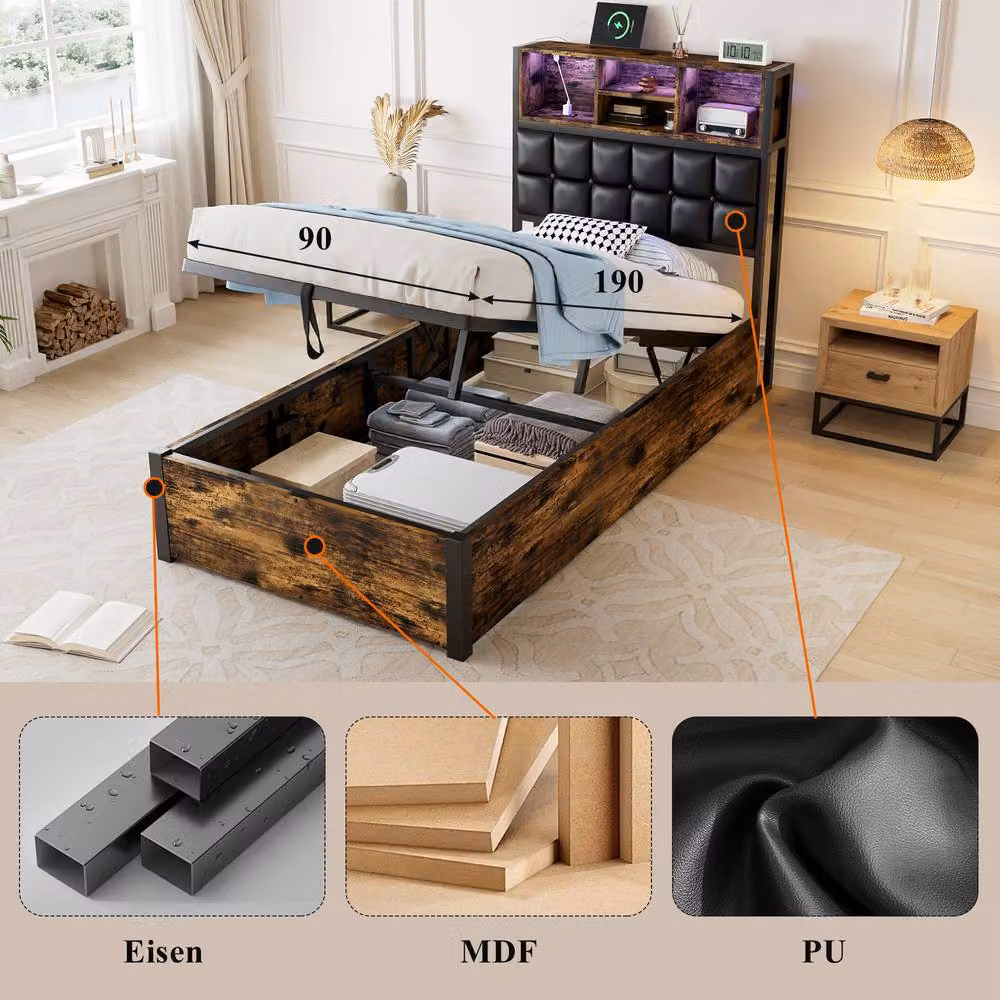 Merax Single Metal Ottoman Bed with LED Storage Headboard and USB Charging Ports in Brown – 10