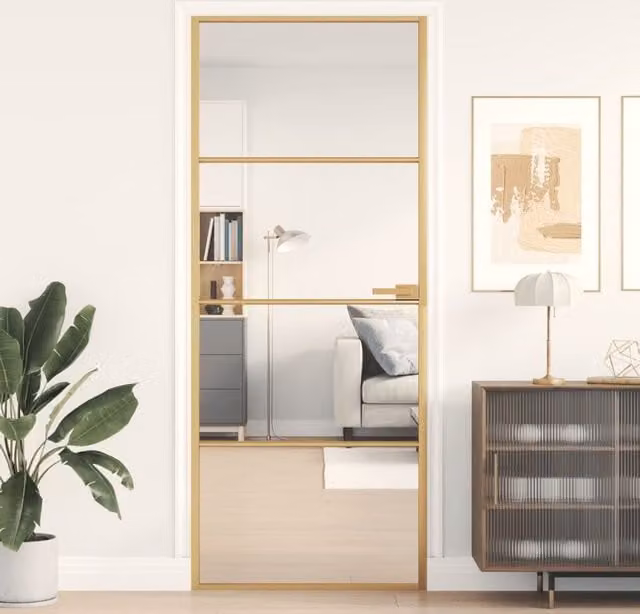Berkfield Modern Slim Interior Door in Gold and Black with Tempered Glass and Aluminium, W: 83 cm, H: 201.5 cm