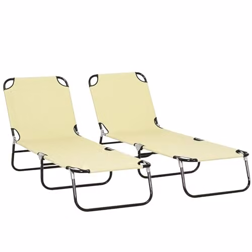 Outsunny Set of 2 Folding Sun Loungers with Adjustable Headrest in Beige – 1
