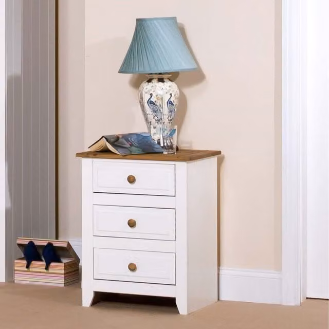 Core Products Capri Three Drawer Bedside Cabinet in White with Waxed Pine Top