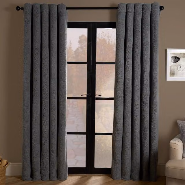 OHS Grey Teddy Fleece Thermal Eyelet Curtains, Pair, Width: 229 cm, Drop: 229 cm – 1