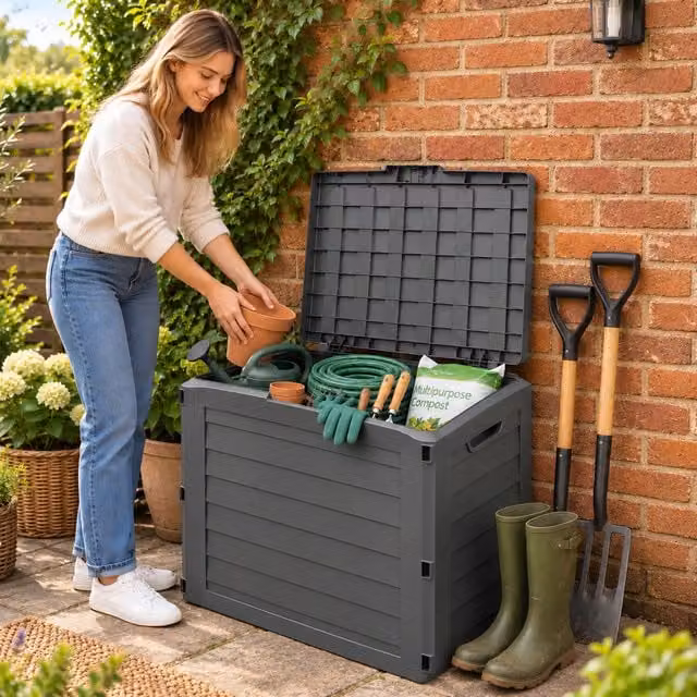 Neo Direct 140L Garden Storage Box, Lockable and Weather Resistant Deck Chest in Dark Grey, W: 61.5 cm, D: 55.5 cm, H: 46.0 cm