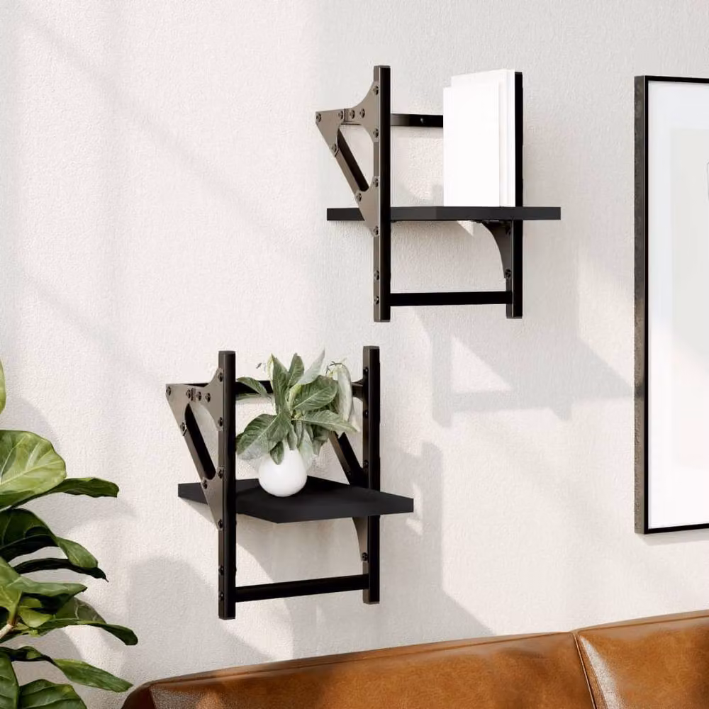 Berkfield Home Wall Shelves with Hanging Rods, 2 Piece Set, Black, W/D/H: 20 x 25 x 30 cm – 2
