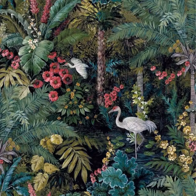 Holden Decor Jungle Paradise Cranes Tropical Floral Palm Leaves Wallpaper in Black and Multicolour