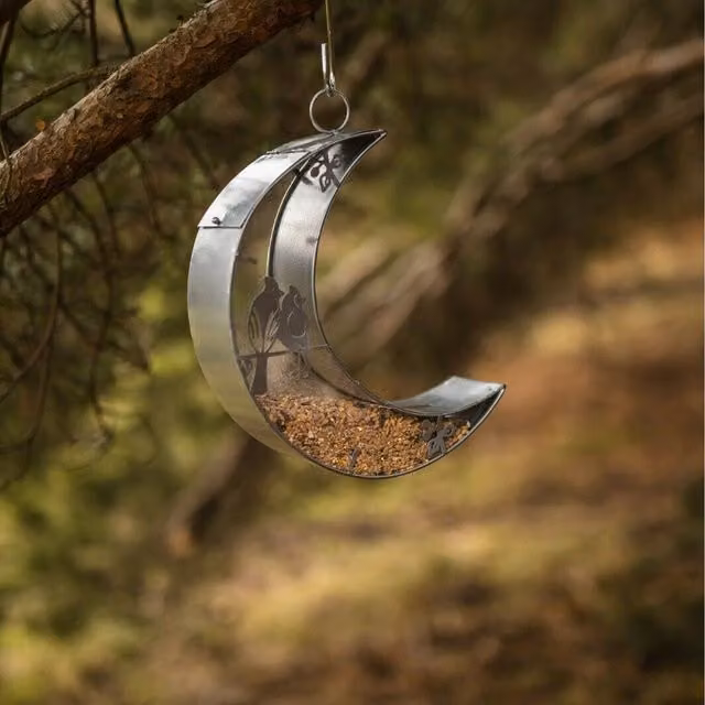 Garden Mile Hanging Moon Bird Feeder in Silver Metal