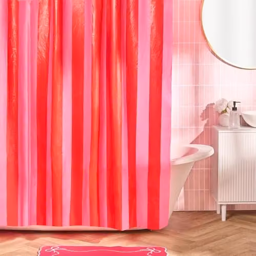 OHS Striped Pink and Multicolour Polyester Shower Curtain, Waterproof and Mould Resistant with Weighted Hem, W/H: 180 x 180 cm – 1