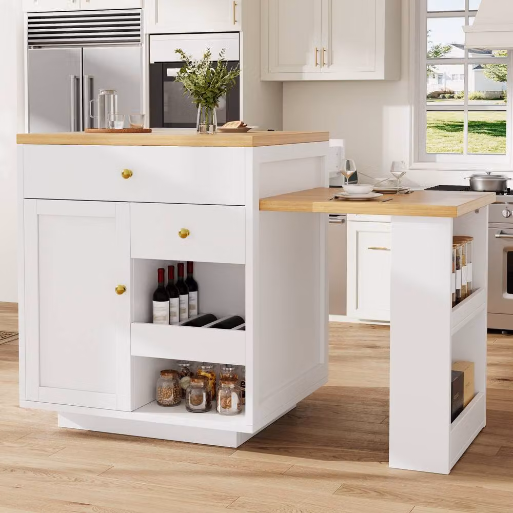 BTM Extendable Bar Table with Wine Rack and Storage, White – 2