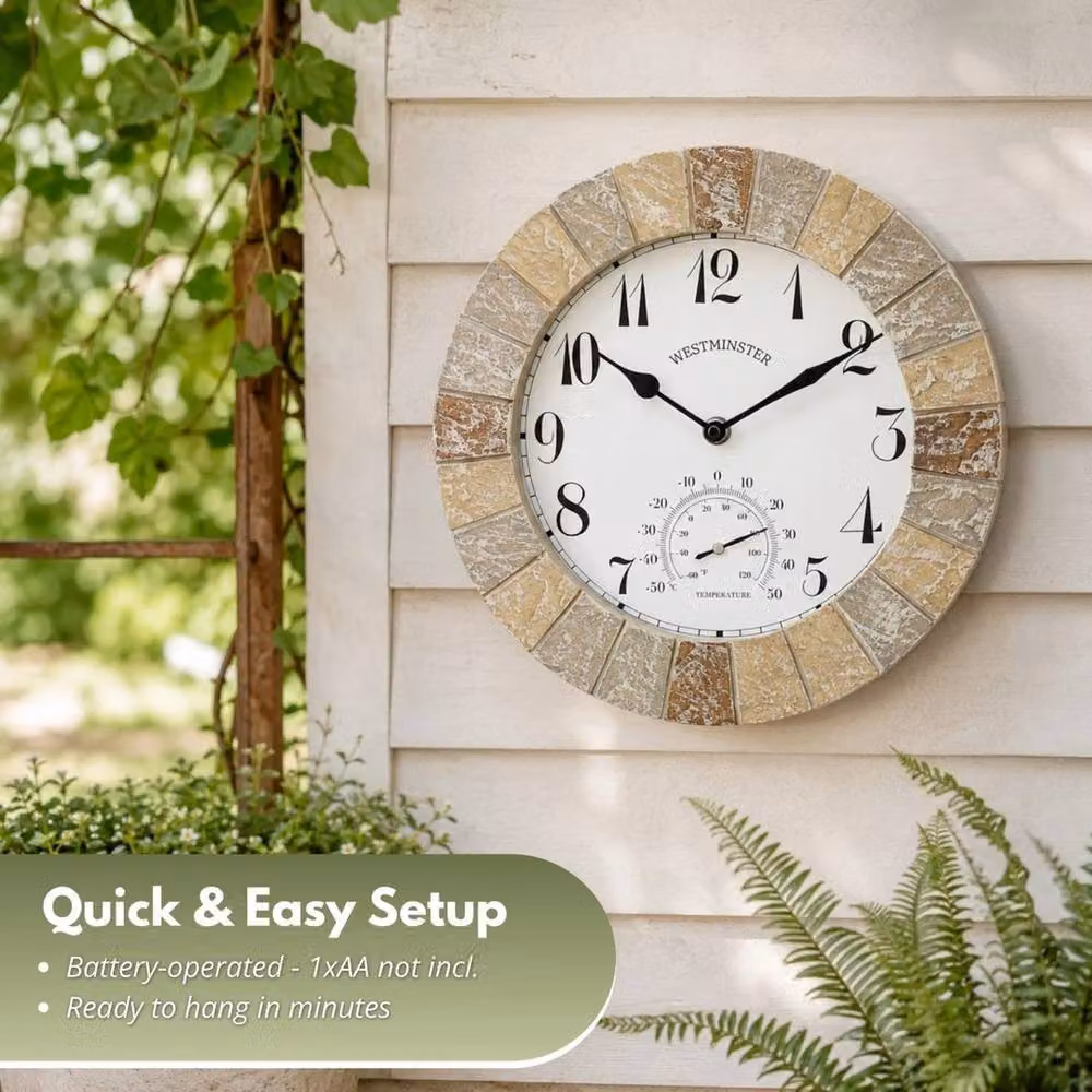 VOGREX Large Round Outdoor Garden Wall Clock and Thermometer with Retro Slate Effect and Quartz Movement, Multicolour, Diameter: 25.4 cm – 3