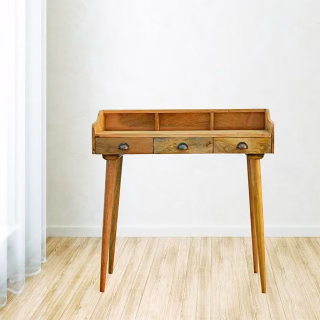 Aosom UK Brown Solid Mango Wood Writing Desk with 3 Drawers and Storage Slots, W/D/H: 100 x 45 x 90 cm