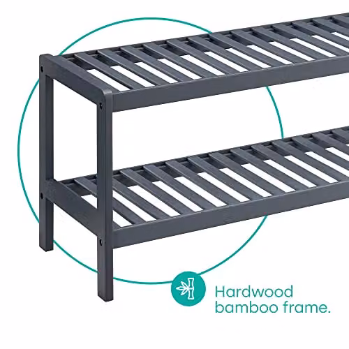 LIVIVO Grey Bamboo 2-Tier Shoe Rack Storage Bench – 7