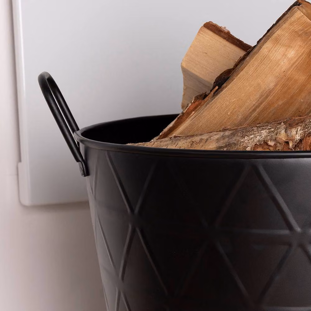 Charles Bentley Yew Large Fireside Log Bucket in Matte Black Iron with Solid Metal Handles, W/D/H: 52 x 52 x 41 cm – 2