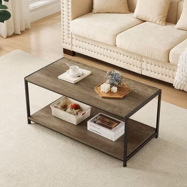 House of Home Rustic 2-Tier Wooden Coffee Table with Storage Shelf in Grey, Black or Brown – 1