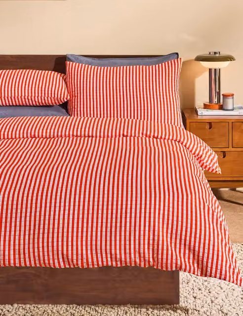 MADE Felix Orange Checked Seersucker Pure Cotton Duvet Cover, W: 140 cm, L: 200 cm