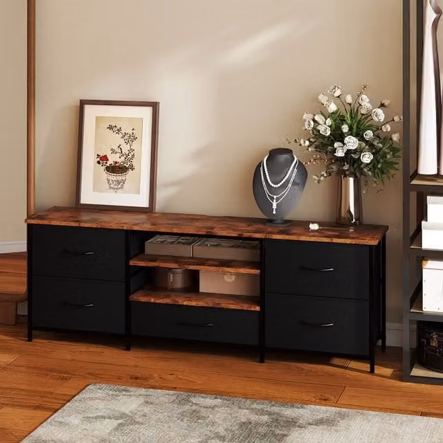 Levede Modern Wood and Metal TV Stand Cabinet Entertainment Unit in Brown and Black, Width: 140 cm