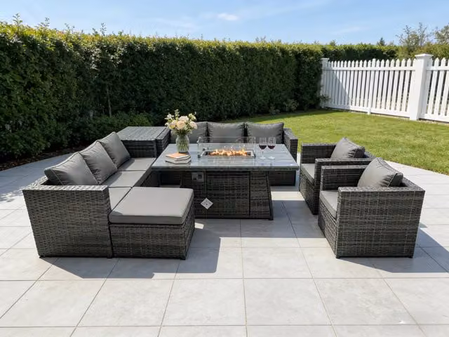 Fimous 9 Seater Outdoor Rattan Gas Fire Pit Dining Set with Lounge Chairs and Large Footstool in Dark Grey