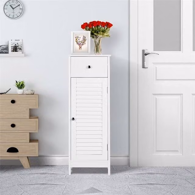 KORVIXA White Modern Freestanding Slim Cabinet for Bathroom, Kitchen, Bedroom or Hallway, W: 90 cm, H: 65 cm