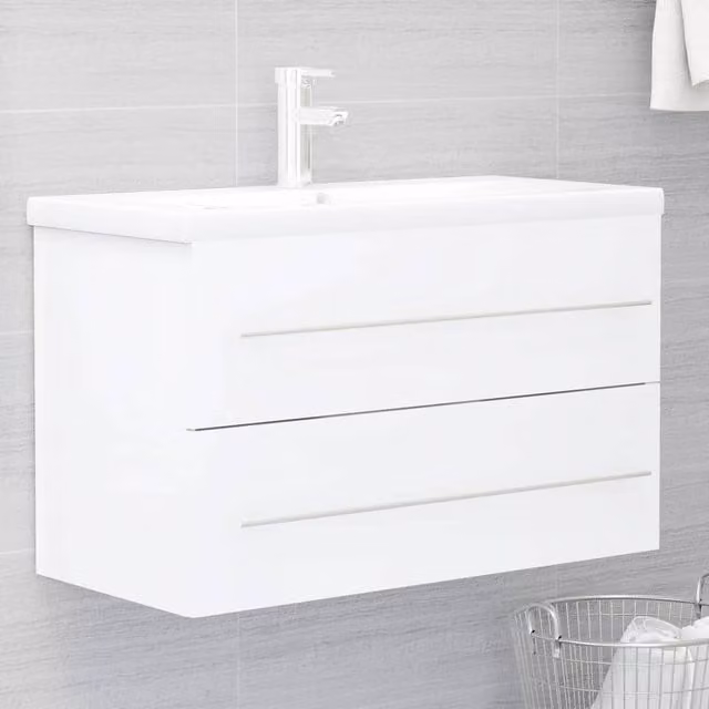 Berkfield Home White Glossy Sink Cabinet W: 80 cm, D: 38.5 cm, H: 48 cm