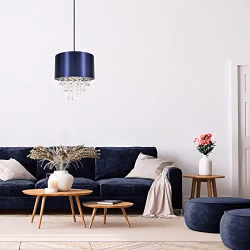 Happy Homewares Modern Round Blue Satin Fabric Pendant Light Shade with Transparent Acrylic Droplets, Diameter: 30 cm – 4