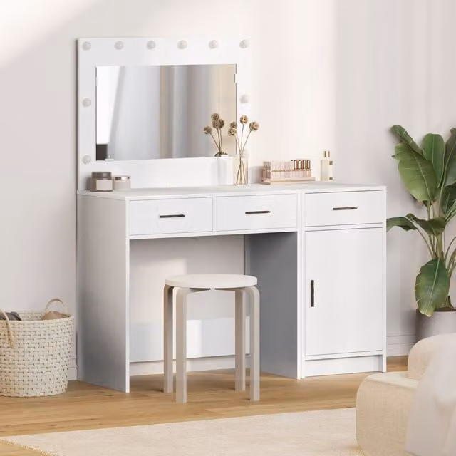 Berkfield Home 2 Piece Modern Hollywood LED Dressing Table Set in White Engineered Wood