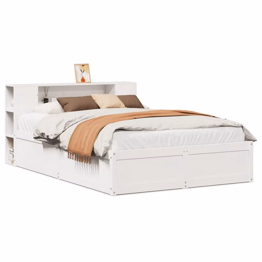 Berkfield Home White Solid Pine Wood Double Bed Frame W: 135 cm, L: 190 cm – 2