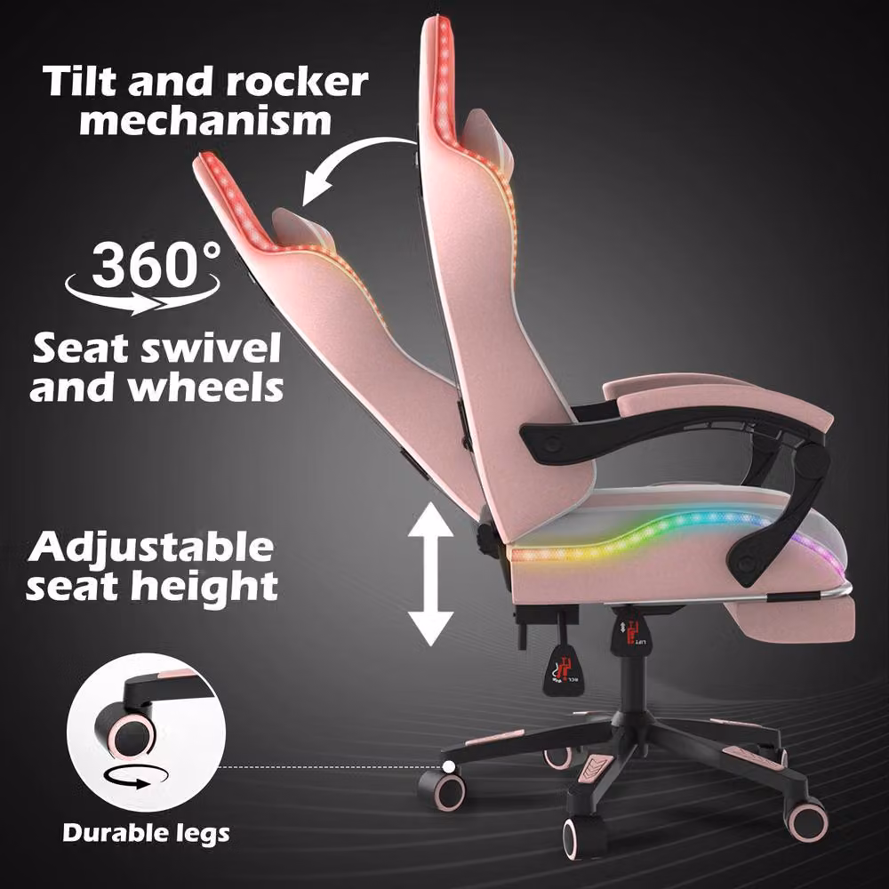 Alivio Wireless RGB LED Gaming Chair with App Control and Massage Lumbar Cushion in Pink – 4