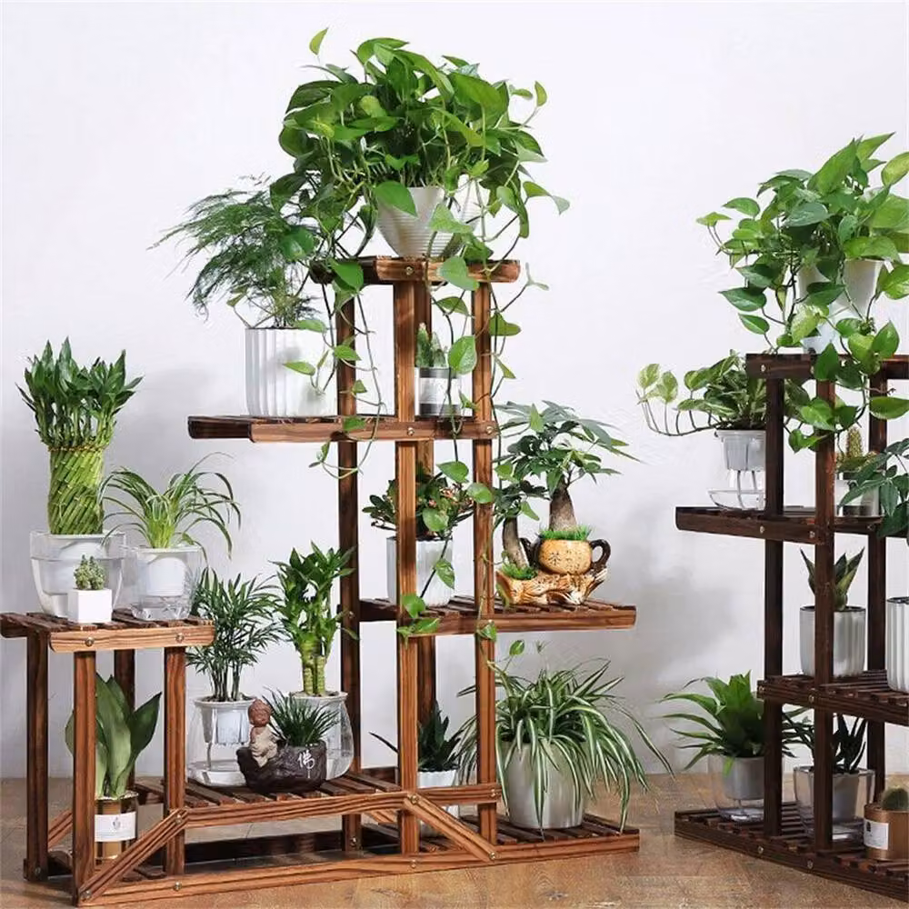 Kelvenix Brown Wooden 6-Pot Outdoor Plant Stand W/D/H: 95.0 x 25.0 x 96.0 cm – 3