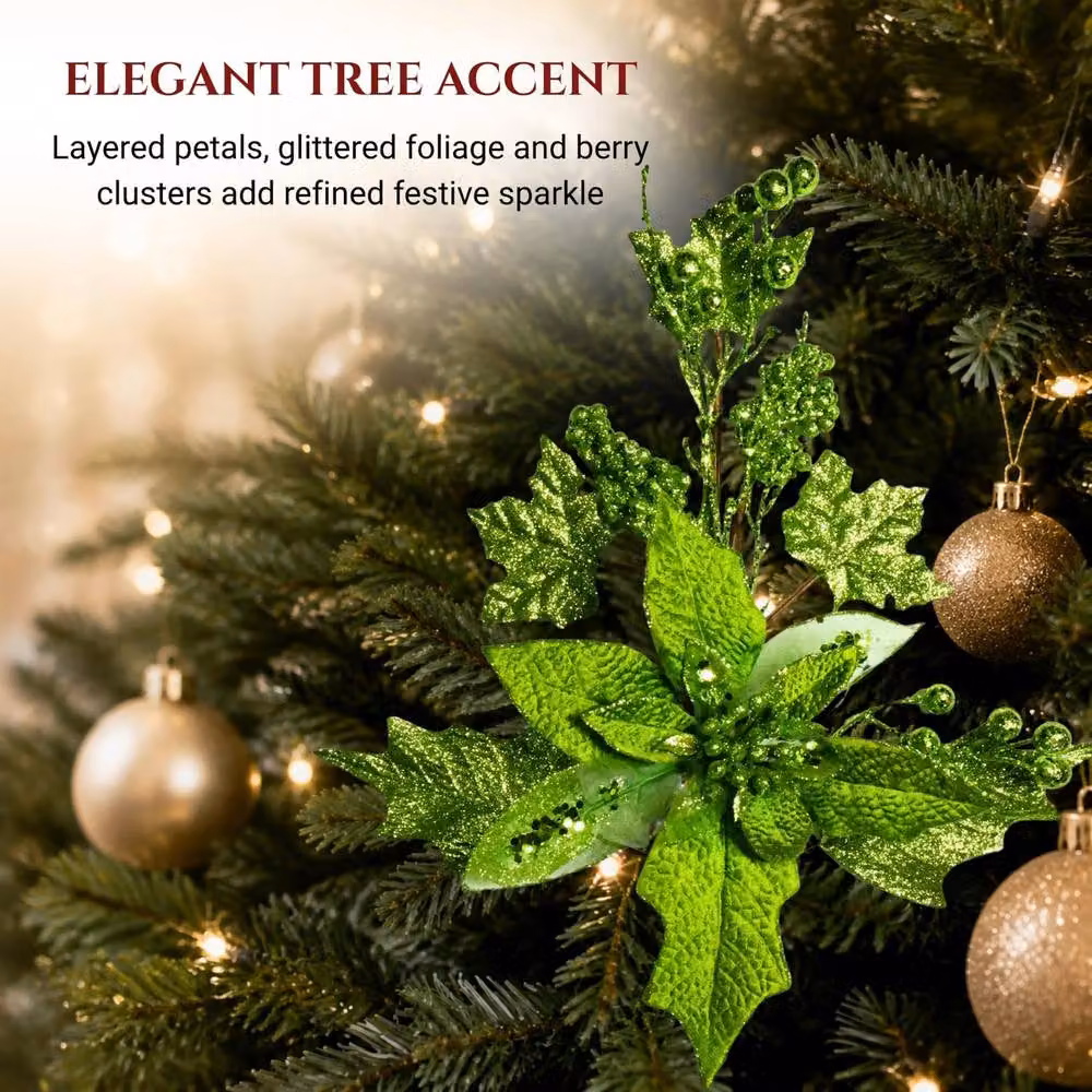 Shatchi Green Glitter Poinsettia and Berry Christmas Picks, 12 Pack, Height: 46 cm – 6