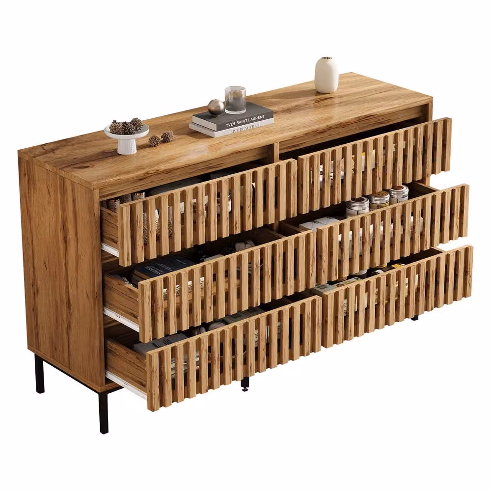 BTM Sideboard Storage Cabinet with Six Drawers in Natural Wood Effect, W/D/H: 120 x 40 x 81 cm – 2