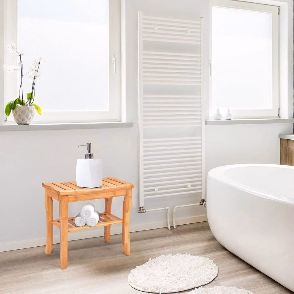 Kelvenix Bamboo Shower Bench Seat with Storage Shelf in Natural Wood – 2