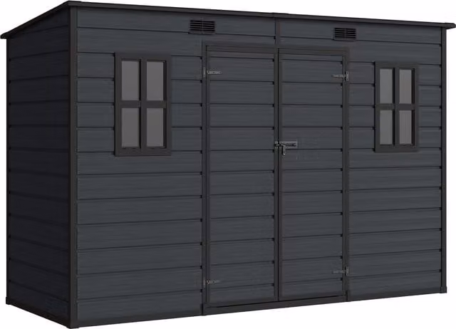 Outsunny Resin Garden Storage Shed with Floor, Windows, Lockable Double Doors and Vents, Dark Grey, W: 304.8 cm, D: 121.9 cm, H: 184.0 cm – 1
