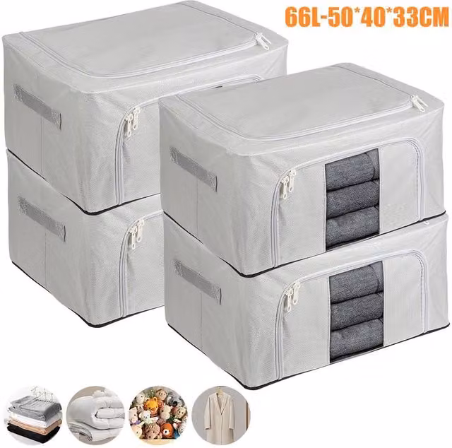 EONLION Set of 4 Foldable and Stackable Fabric Storage Boxes with Steel Frame in Grey, Width: 100 cm