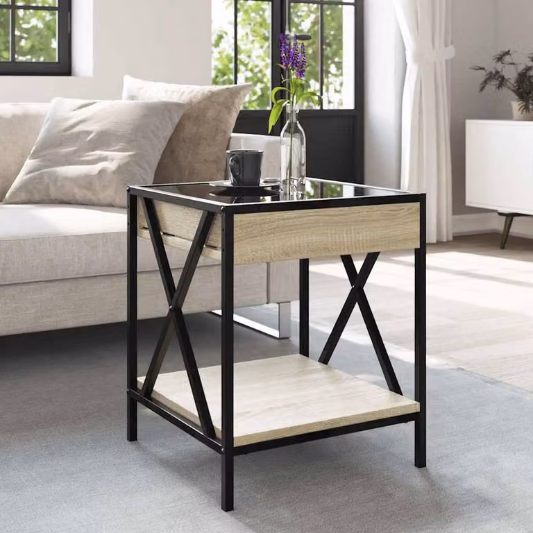 Berkfield Home Infinity LED Coffee Table in Sonoma Oak and Light Brown, W/D/H: 40 x 40 x 49 cm