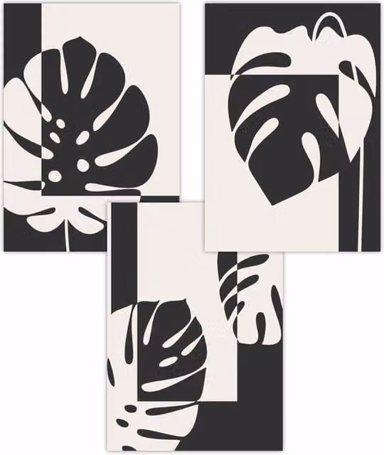ARTZE Set of 3 Mid Century Monstera Botanical Paper Posters in Black, Orange, Blue and Grey, W: 30 cm, H: 42 cm