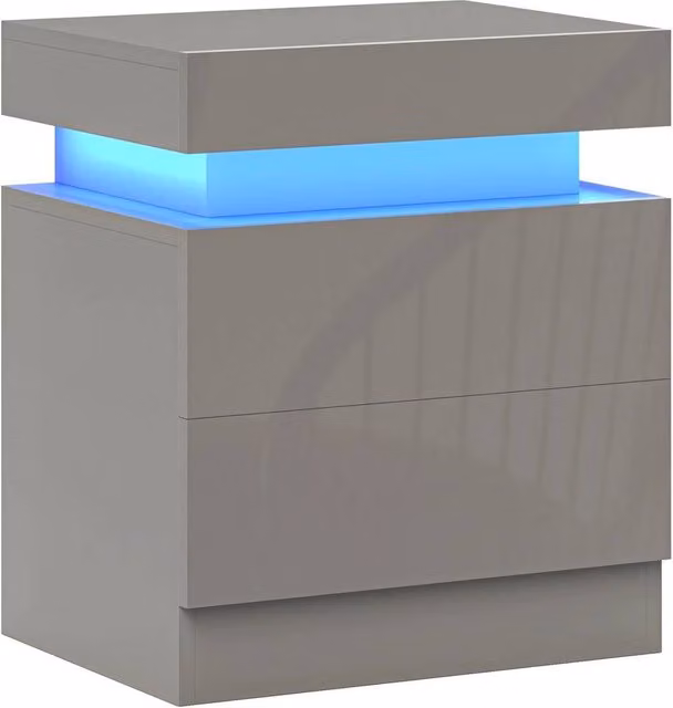 Havendro High Gloss Bedside Table with Integrated LED Light and 2 Drawers, Grey, W: 35 cm, D: 35 cm, H: 52 cm