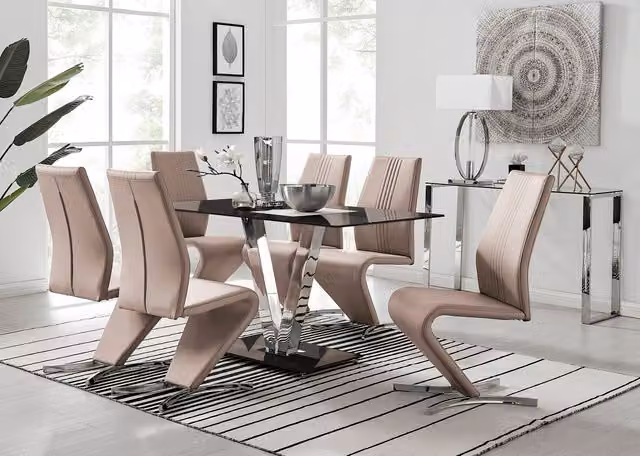 FurnitureboxUK Florini Black Glass and Chrome Metal Dining Table and 6 Modern Willow Chairs Set in Cappuccino