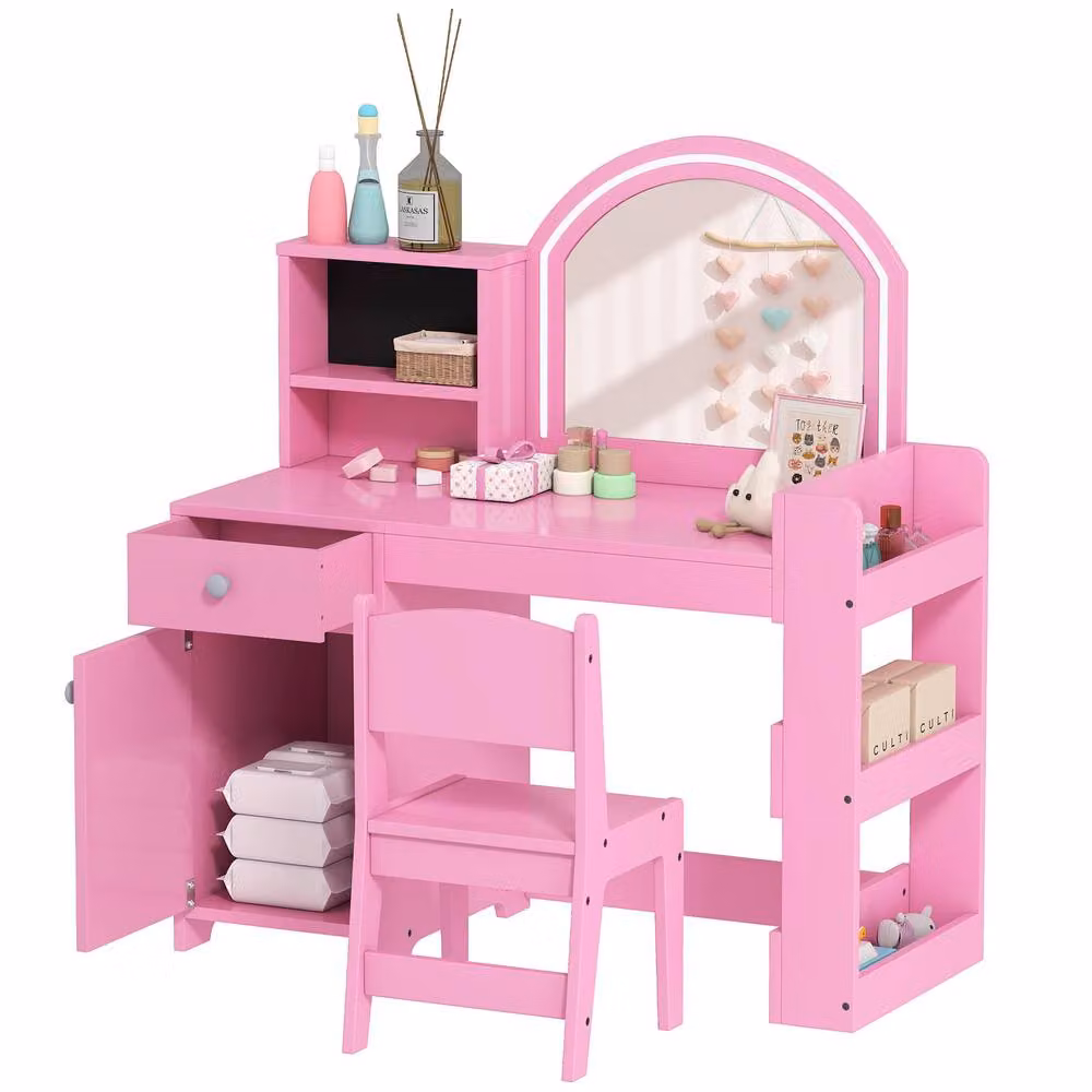 AIYAPLAY Women's Dressing Table with 2-Colour LED Mirror and Stool, Pink – 2