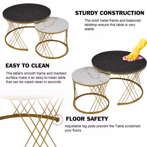 Aosom.UK Set of 2 Modern Round Nesting Marble Coffee Tables with Metal Frame, Grey and Gold, W/D/H: 70 x 70 x 45 cm – 5