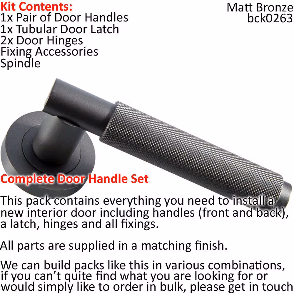 Loops Matt Bronze Knurled Round Bar Door Handle and Latch Pack with Screwless Round Rose – 2