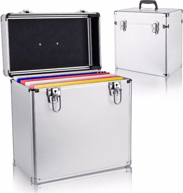 VOGREX Silver Vinyl LP Record Storage Case, Stackable DJ Flight Box with Handles – 1