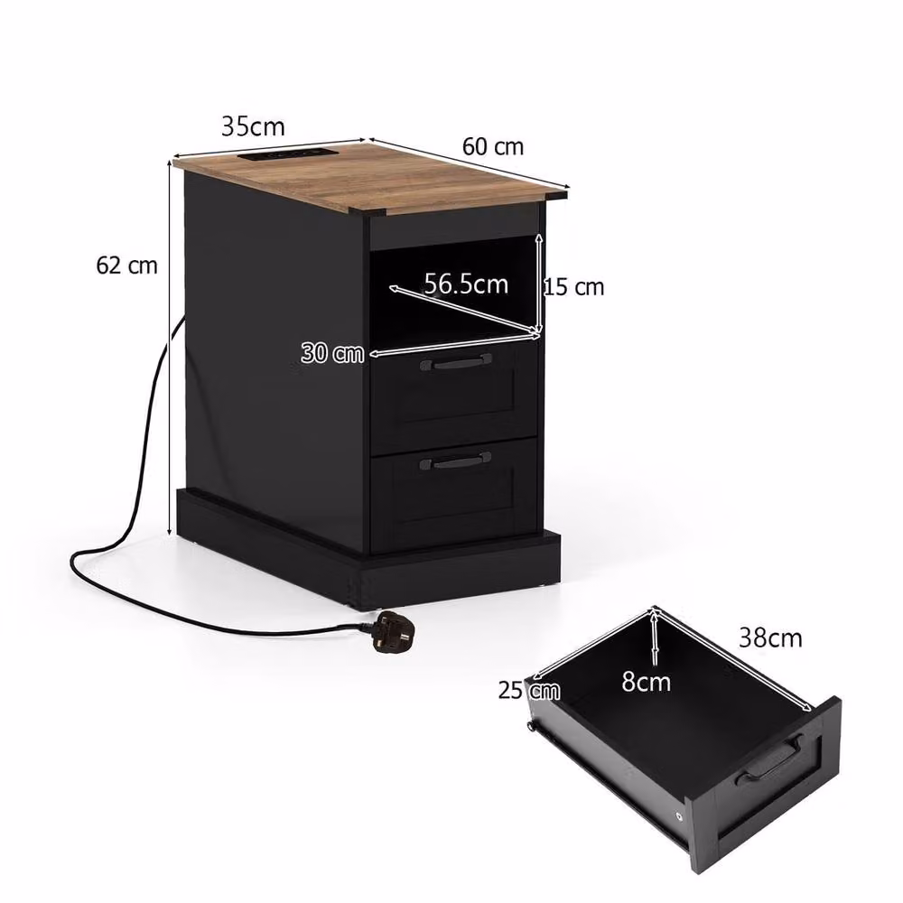 Havendro Rustic Wood Bedside End Table with Charging Grommet in Black and Multicolour – 2