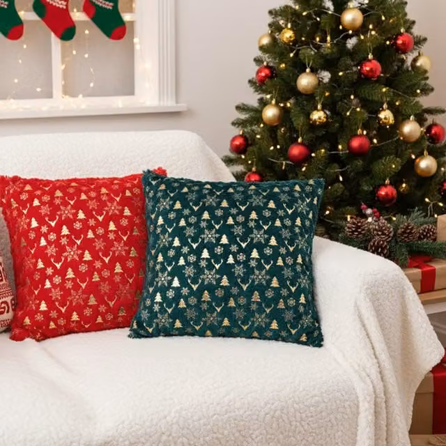 Livingandhome 2 Pack Christmas Themed Square Graphic Throw Pillows in Green, Red and Gold