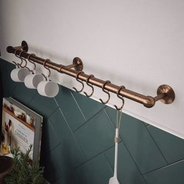 Rothley Antique Copper Stainless Steel Kitchen Utensil Rail Kit with S-Hooks, 60 cm – 1