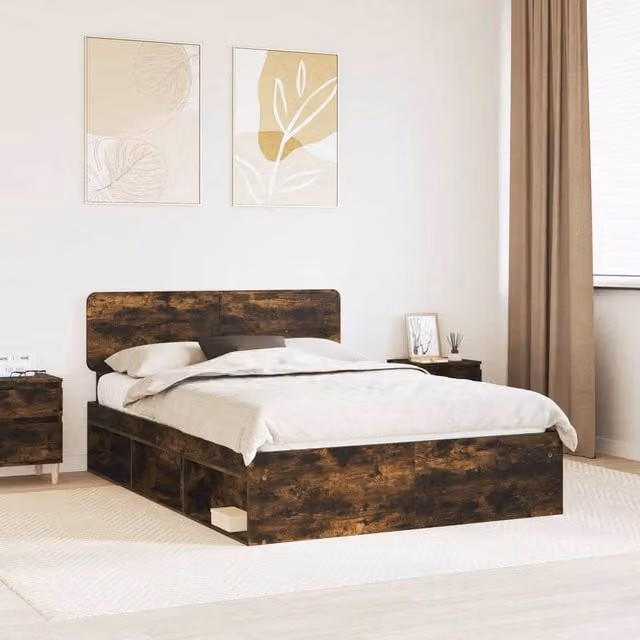 Berkfield Home Smoked Oak Bed Frame in Brown Solid Pine Wood, W: 140 cm, L: 190 cm